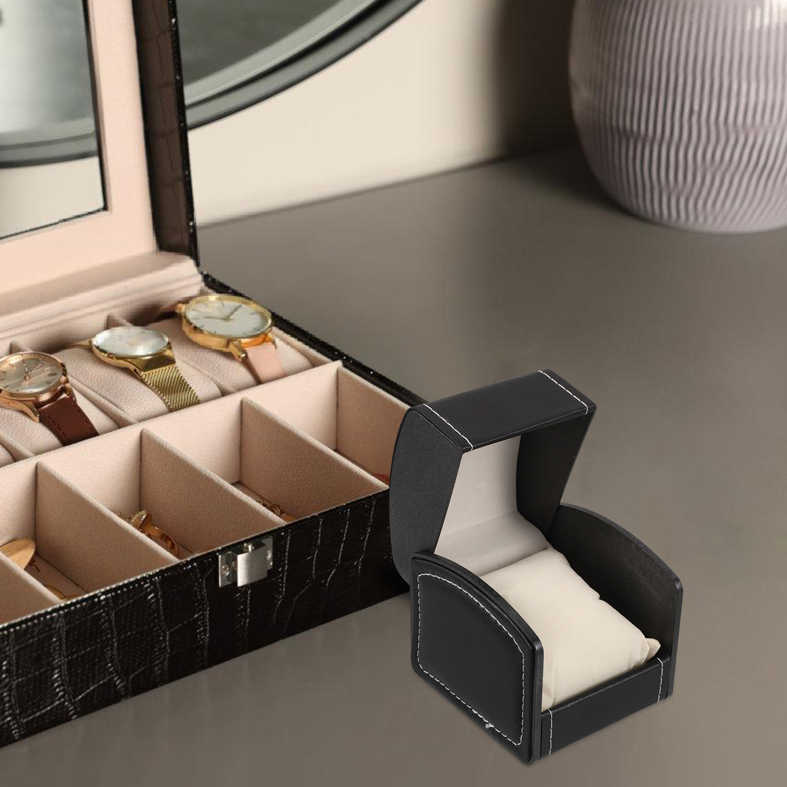Luxury Watch Holder For Men - 2Pcs Black PU Watch Organizer Box