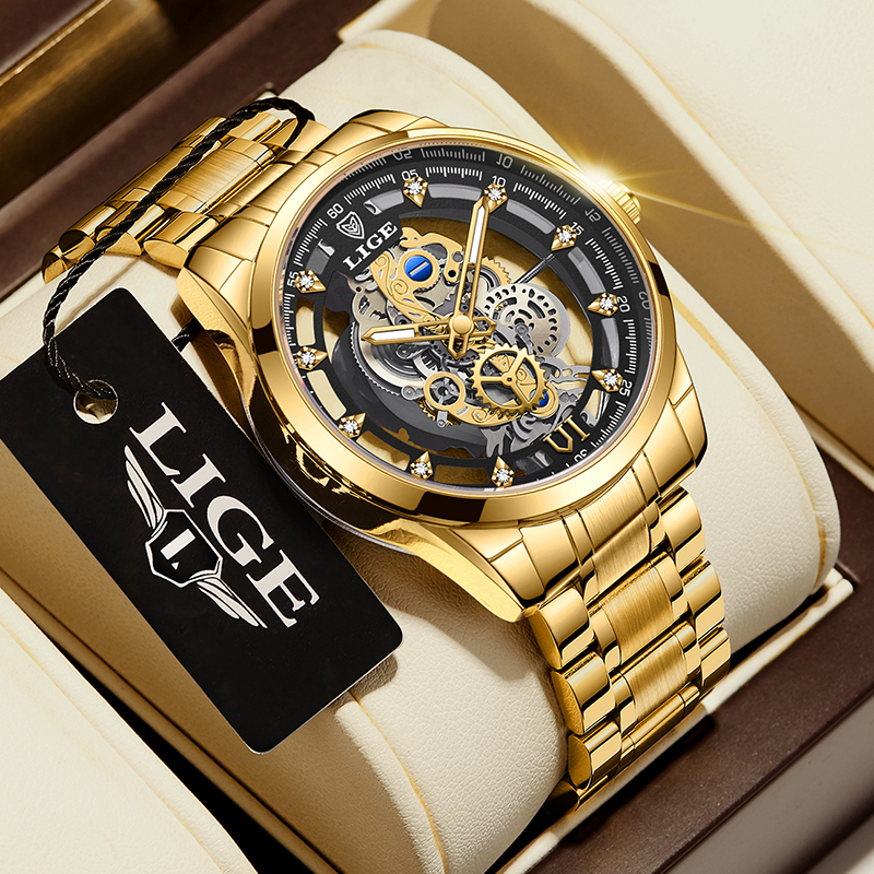 Luxury Watch Mockup - 2026 LIGE Men Watch Skeleton Automatic