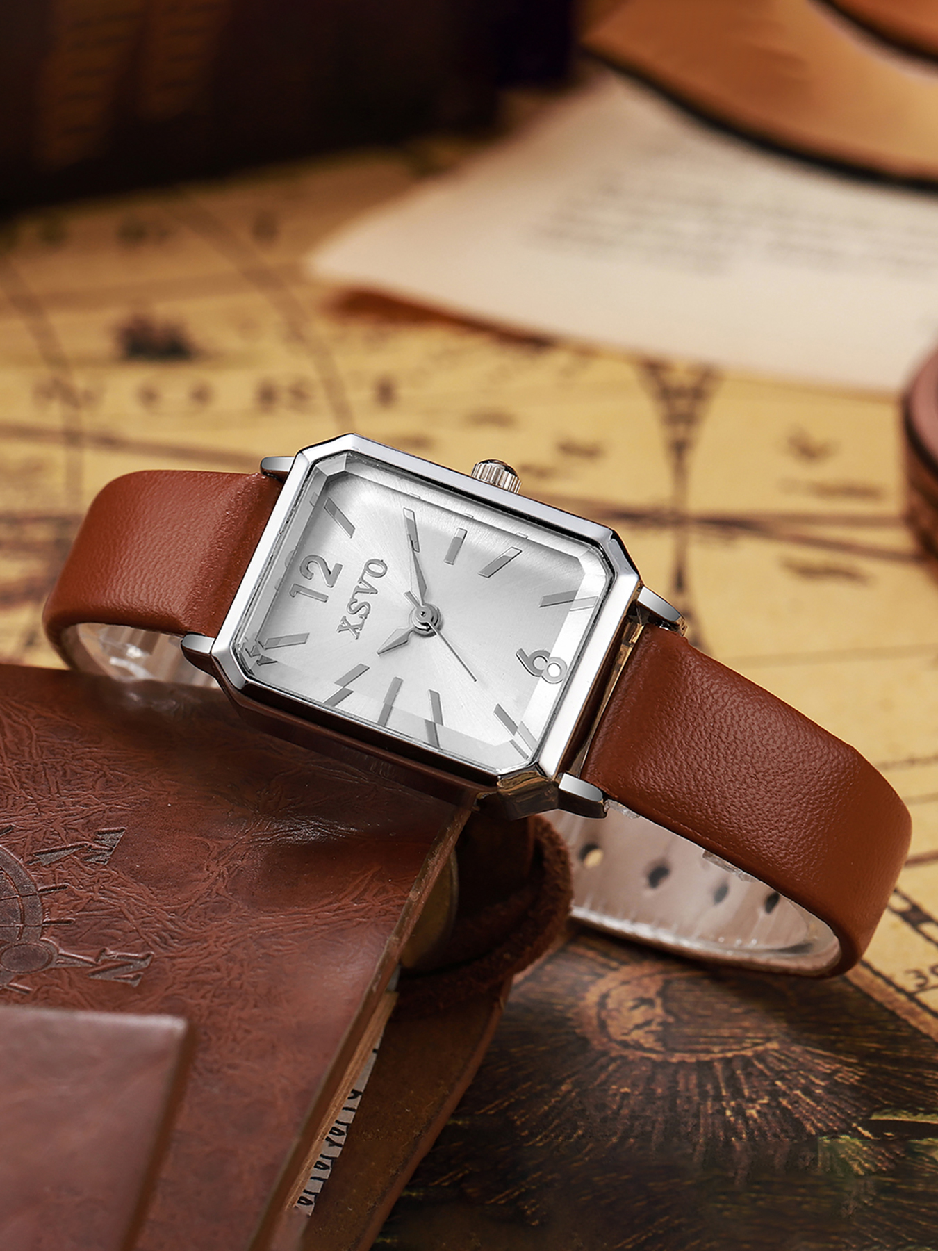 Luxury Watch Leather Strap - Vintage Silver Square Women's Quartz Watch,