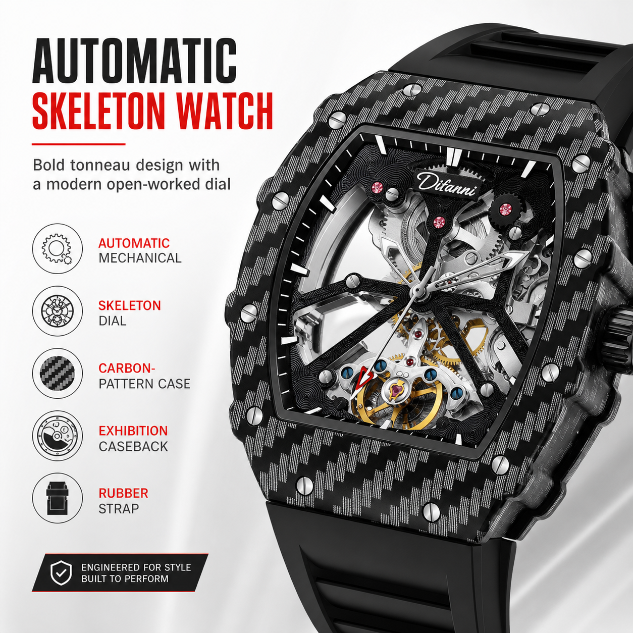 Exhibition Caseback - Men's Tonneau Automatic Mechanical Watch Skeleton